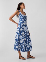 Gap Blue Floral Linen Blend Square Neck Midi Dress - Image 3 of 5