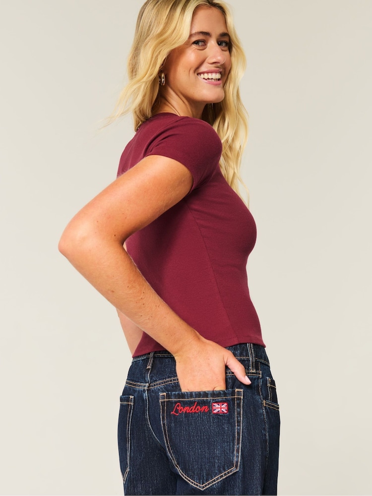Hollister Blue Low Rise Light Wash Embroidered Baggy Jeans - Image 6 of 6