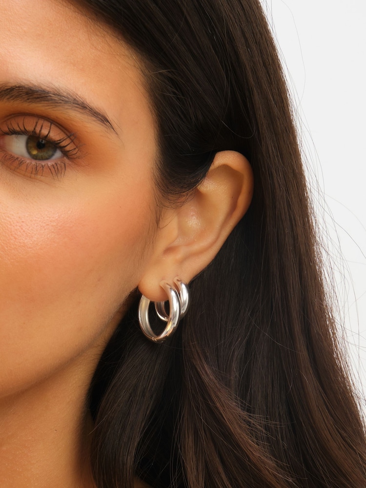 Jon Richard Silver Plated Waterproof Medium Flat Surface Hoop Earrings - Image 2 of 4