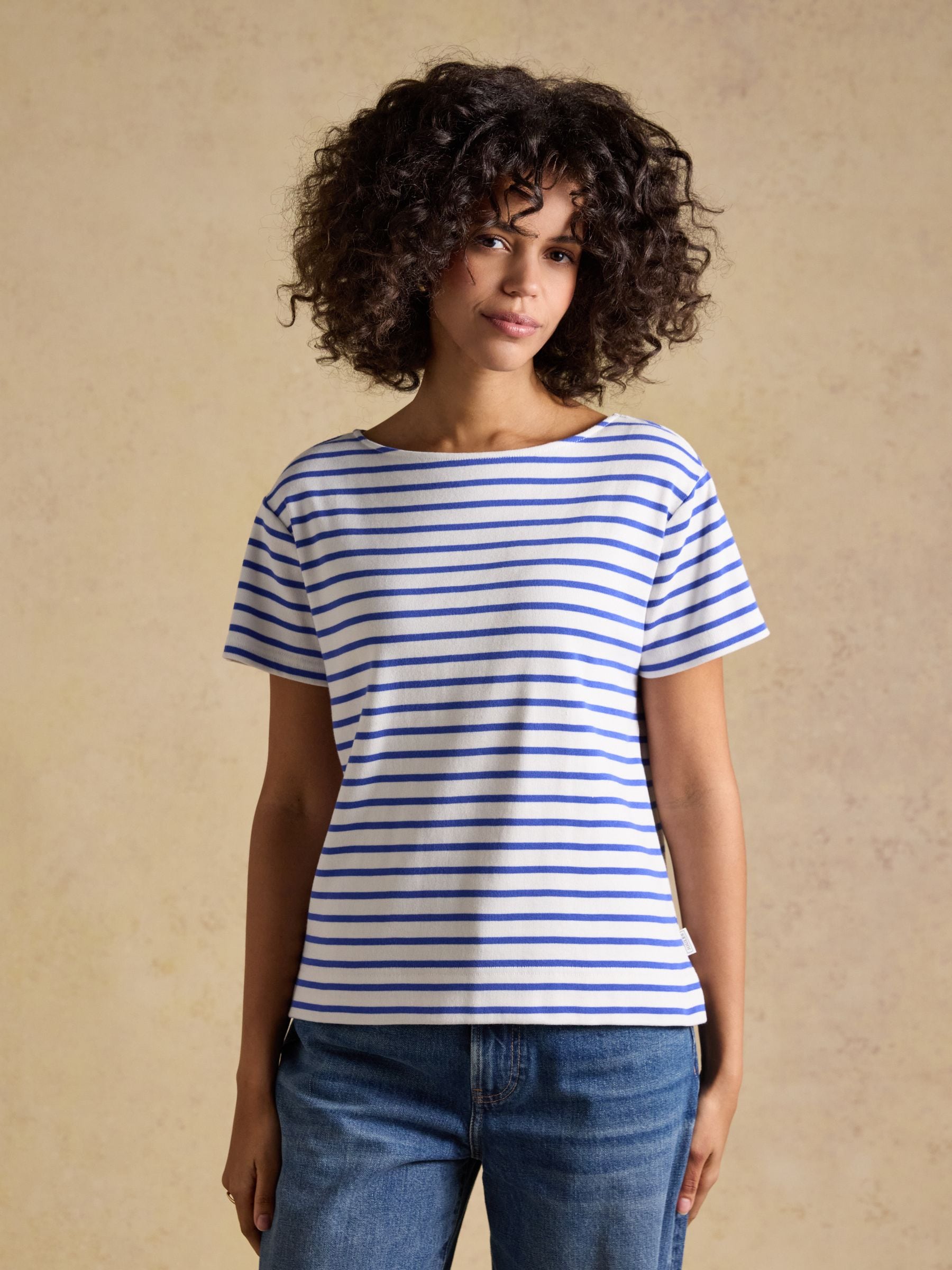 Joules Women's Harbour Short Sleeve Striped Boat Neck Breton Top Cream & Blue Size 26