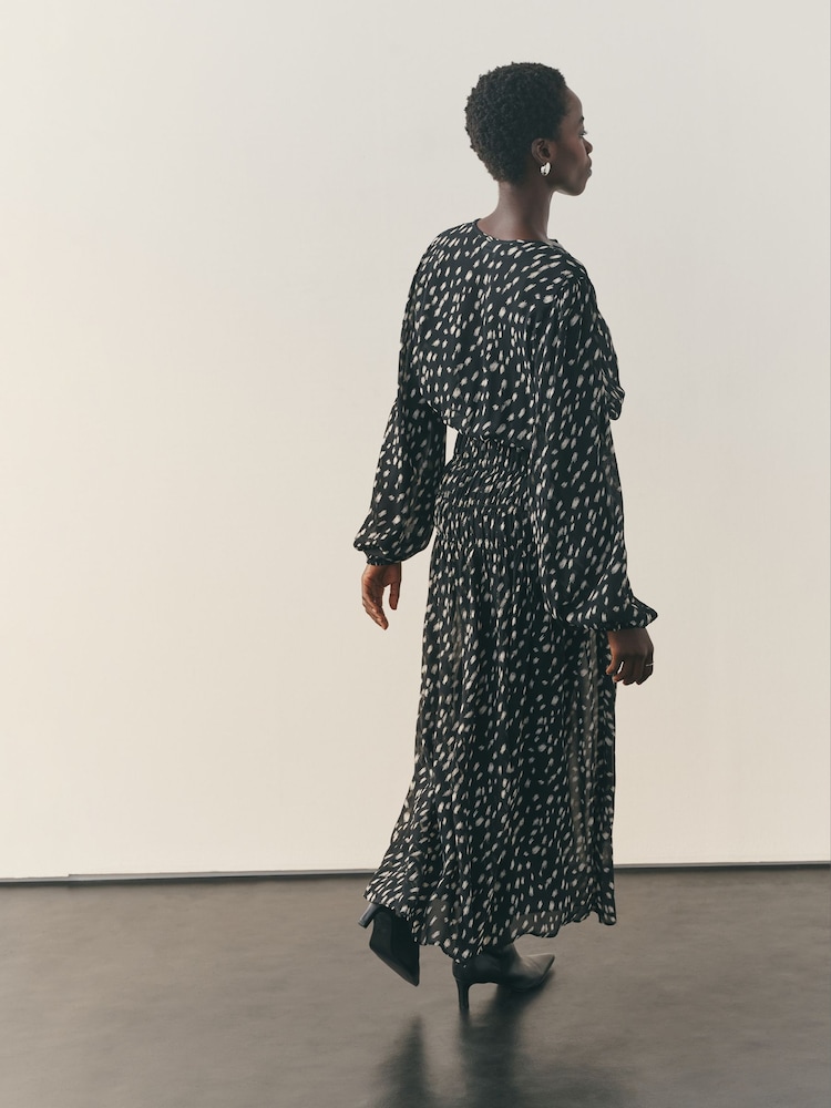 Nothing Ordinary Black/White Shirred Waist Tie Front Midi Dress - Image 2 of 4 Nothing Ordinary Black/White Shirred Waist Tie Front Midi Dress - Image 2 of 4