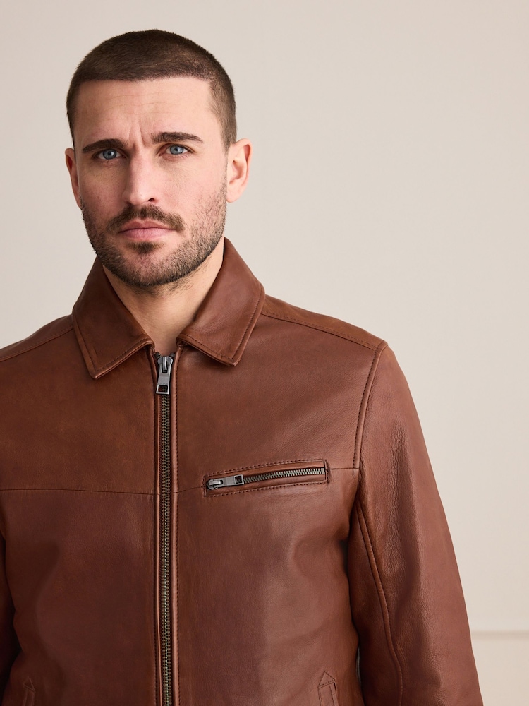 Brown Leather Zip Through Jacket - Image 1 of 15 Brown Leather Zip Through Jacket - Image 1 of 15