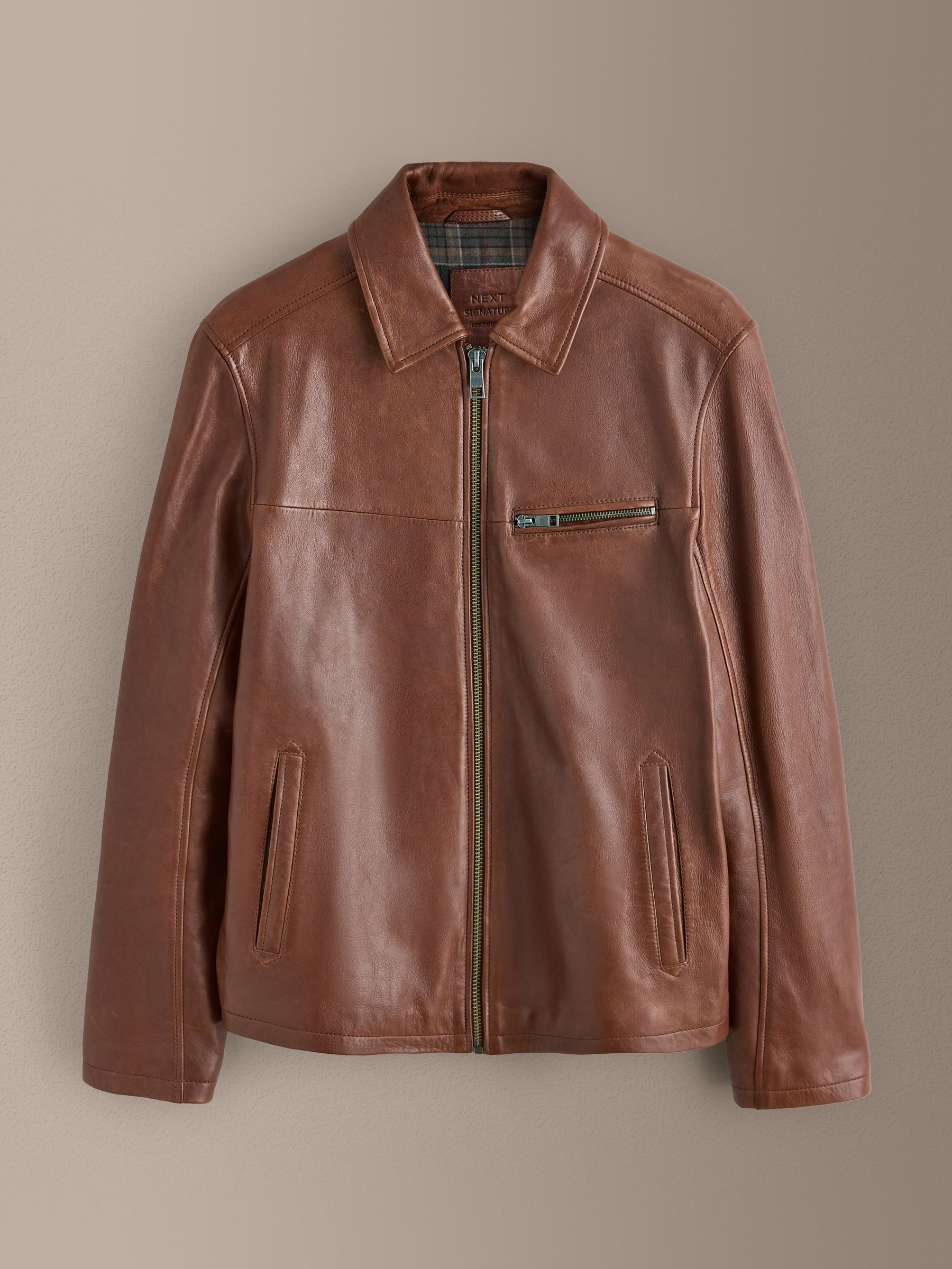 Buy Brown Signature Leather Zip Through Jacket from Next Jordan