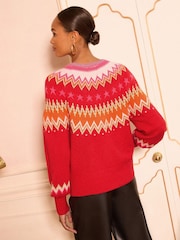 Love & Roses Red Lurex Fairisle Petite Pattern Crew Neck Cosy Jumper - Image 3 of 4