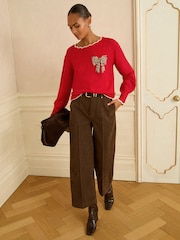 Love & Roses Red Leopard Print Bow Petite Scallop Knitted Jumper - Image 3 of 4