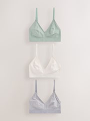 Blue/Grey/Cream DD+ Non Padded Non Wire Cotton Ribbed Logo Bralettes 3 Pack - Image 1 of 6