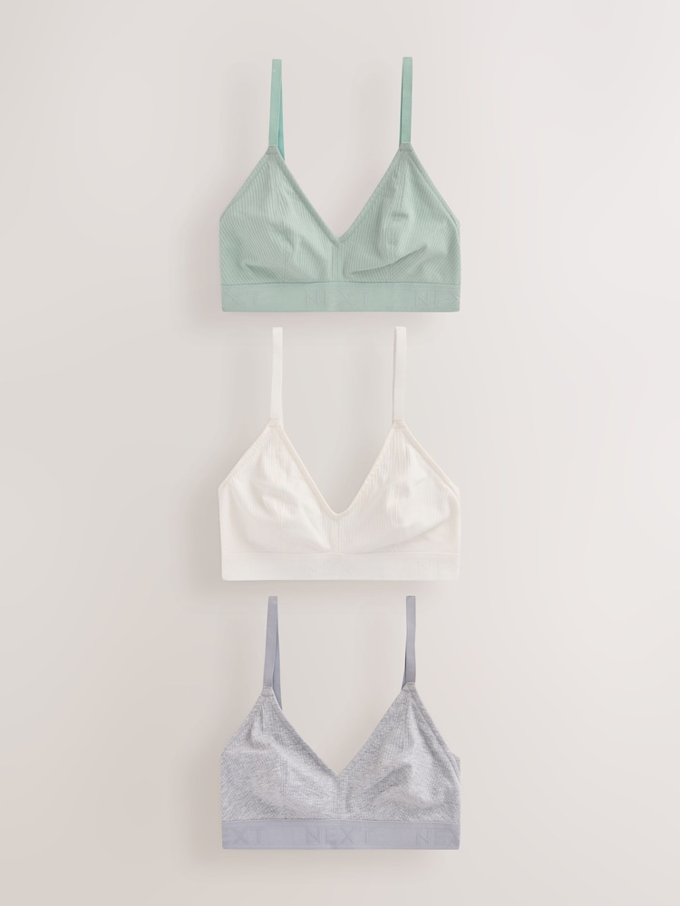 Blue/Grey/Cream DD+ Non Padded Non Wire Cotton Ribbed Logo Bralettes 3 Pack - Image 1 of 6