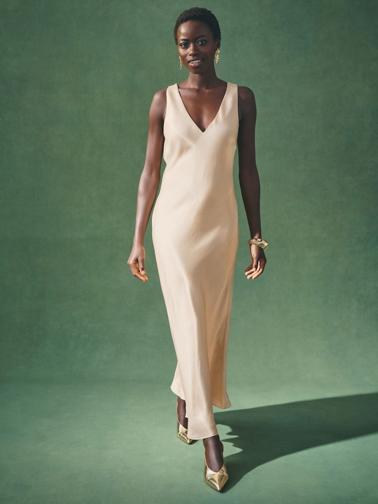 Nothing Ordinary Gold Sleeveless Metallic Satin Bias Midi Slip Dress - Image 1 of 9 Nothing Ordinary Gold Sleeveless Metallic Satin Bias Midi Slip Dress - Image 1 of 9