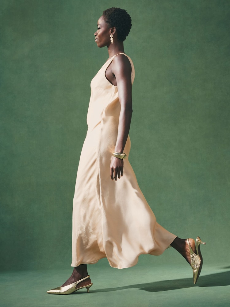 Nothing Ordinary Gold Sleeveless Metallic Satin Bias Midi Slip Dress - Image 2 of 9 Nothing Ordinary Gold Sleeveless Metallic Satin Bias Midi Slip Dress - Image 2 of 9