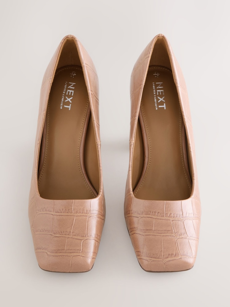 Camel Croc Effect Forever Comfort® Square Toe Court Block Heels - Image 1 of 5 Camel Croc Effect Forever Comfort® Square Toe Court Block Heels - Image 1 of 5