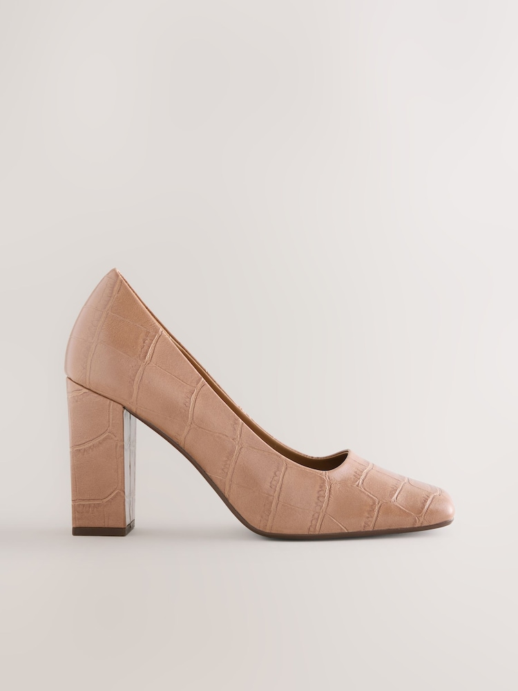 Camel Croc Effect Forever Comfort® Square Toe Court Block Heels - Image 2 of 5 Camel Croc Effect Forever Comfort® Square Toe Court Block Heels - Image 2 of 5