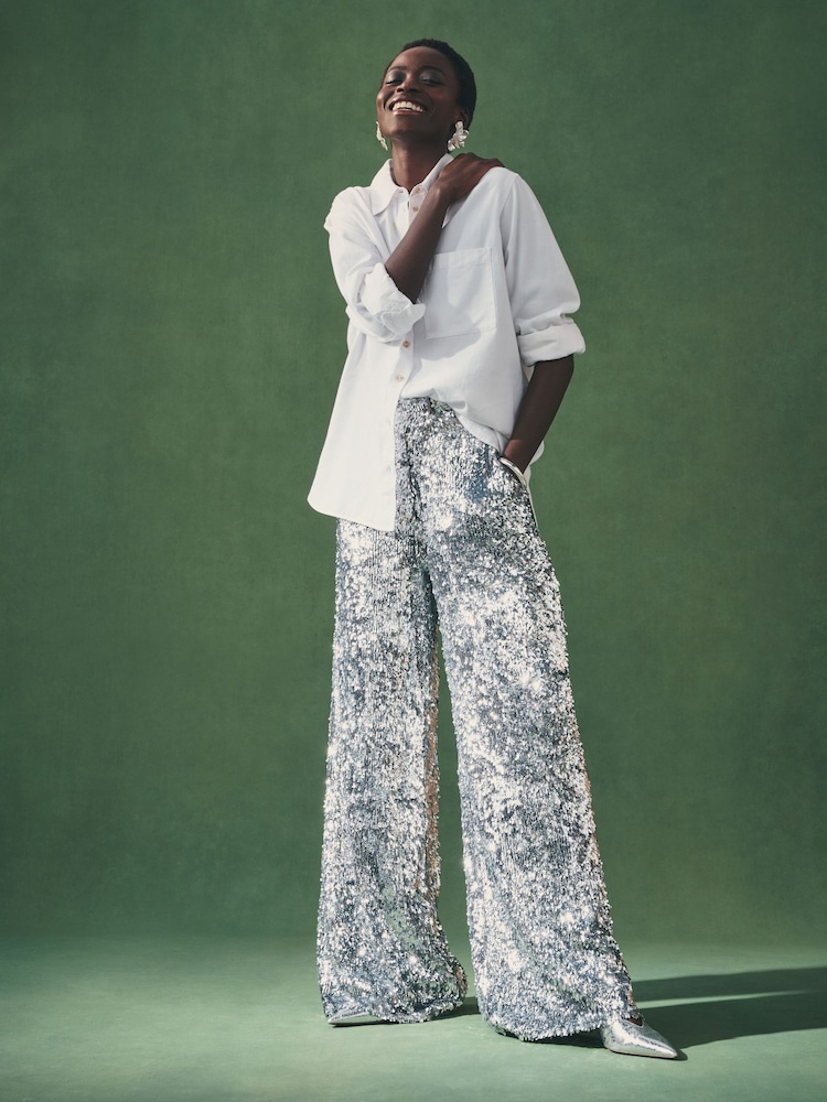 Nothing Ordinary Silver Sequin High Waist Wide Leg Trousers - Image 1 of 11 Nothing Ordinary Silver Sequin High Waist Wide Leg Trousers - Image 1 of 11