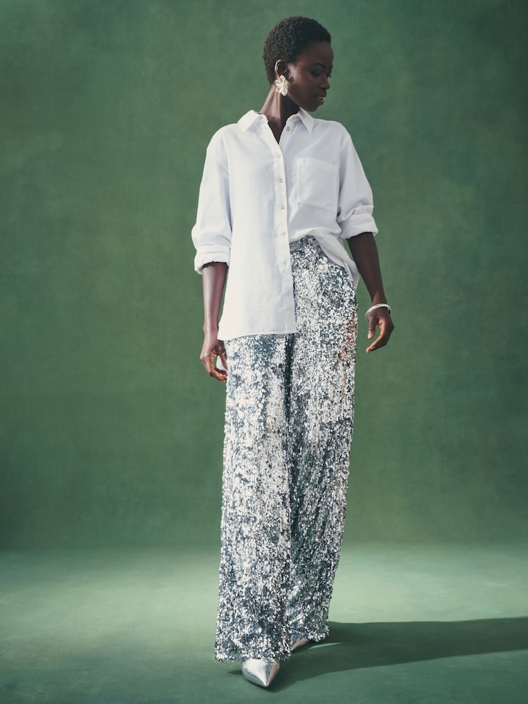 Nothing Ordinary Silver Sequin High Waist Wide Leg Trousers - Image 2 of 11 Nothing Ordinary Silver Sequin High Waist Wide Leg Trousers - Image 2 of 11