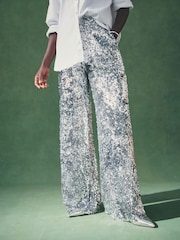 Nothing Ordinary Silver Sequin High Waist Wide Leg Trousers - Image 4 of 11
