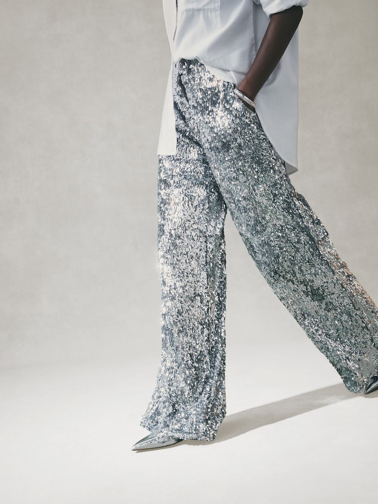 Nothing Ordinary Silver Sequin High Waist Wide Leg Trousers - Image 2 of 7 Nothing Ordinary Silver Sequin High Waist Wide Leg Trousers - Image 2 of 7