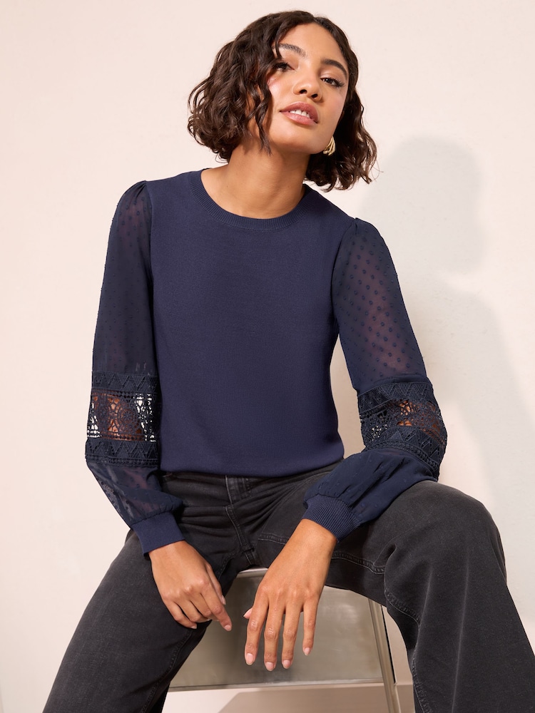 Friends Like These Navy Woven Sleeve Knitted Top - Image 1 of 4 Friends Like These Navy Woven Sleeve Knitted Top - Image 1 of 4