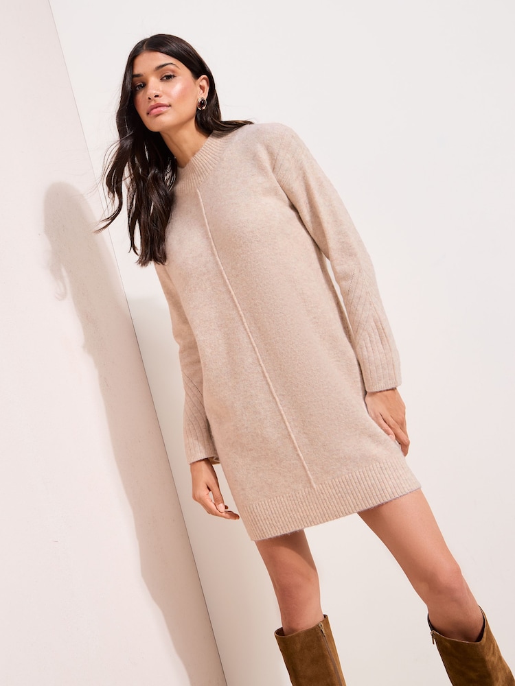 Friends Like These Neutral Cosy Crew Neck Knitted Mini Dress - Image 1 of 5