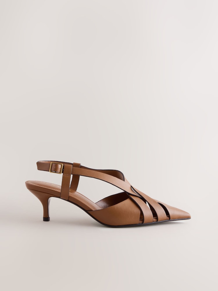 Tan Brown Forever Comfort® Leather Weave Point Toe Slingback Heels - Image 1 of 5 Tan Brown Forever Comfort® Leather Weave Point Toe Slingback Heels - Image 1 of 5