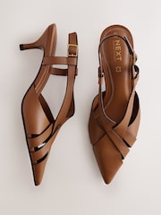 Tan Brown Forever Comfort® Leather Weave Point Toe Slingback Heels - Image 6 of 9