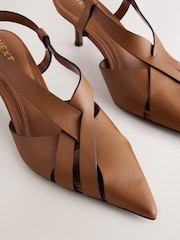 Tan Brown Forever Comfort® Leather Weave Point Toe Slingback Heels - Image 8 of 9