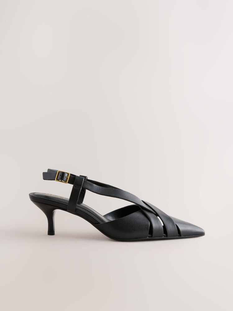 Black Forever Comfort® Leather Weave Point Toe Slingback Heels - Image 1 of 5 Black Forever Comfort® Leather Weave Point Toe Slingback Heels - Image 1 of 5