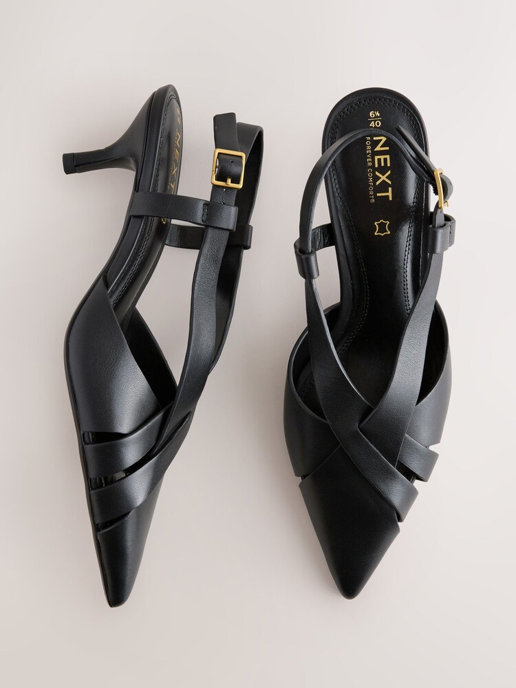 Black Forever Comfort® Leather Weave Point Toe Slingback Heels - Image 2 of 5 Black Forever Comfort® Leather Weave Point Toe Slingback Heels - Image 2 of 5