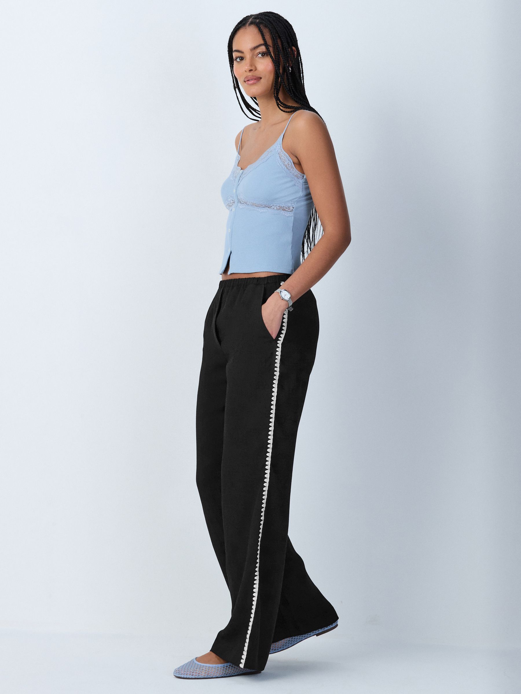 Buy Black Embroidered Side Detail Wide Leg Trousers from Next Greece