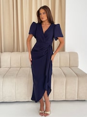 Girl In Mind Blue Drew Puff Sleeve Wrap Front Midi Dress - Image 1 of 5