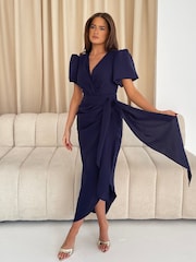 Girl In Mind Blue Drew Puff Sleeve Wrap Front Midi Dress - Image 2 of 5