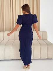 Girl In Mind Blue Drew Puff Sleeve Wrap Front Midi Dress - Image 4 of 5