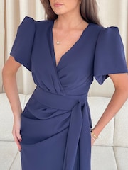 Girl In Mind Blue Drew Puff Sleeve Wrap Front Midi Dress - Image 5 of 5