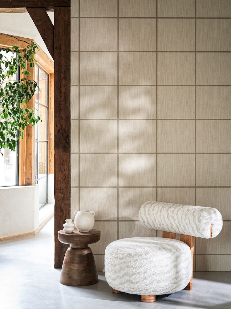 Harlequin Ash Taupe Gloss Wood Blocks Kasuri Wallcoverings 10M Wallpaper - Image 1 of 3