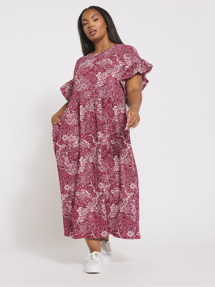 Yours Curve Pink Frill Sleeve Midaxi Dress - Image 1 of 6