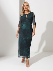 Yours Curve Blue London Blur Keyhole Mesh Dress - Image 1 of 5