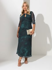 Yours Curve Blue London Blur Keyhole Mesh Dress - Image 2 of 5