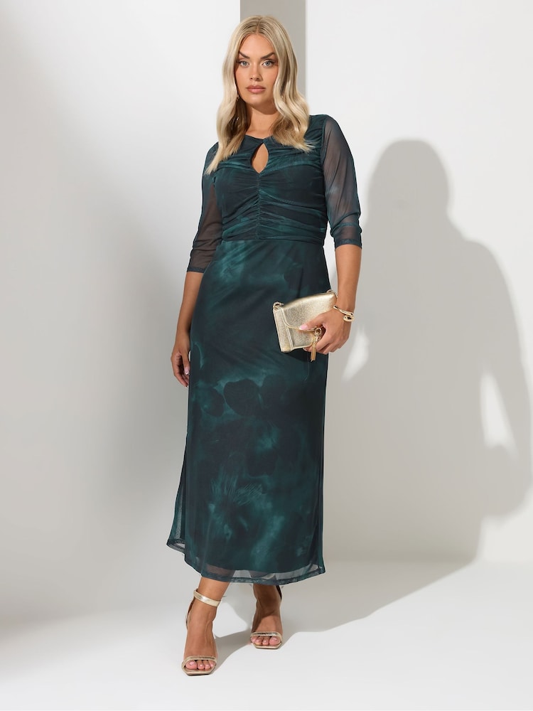 Yours Curve Blue London Blur Keyhole Mesh Dress - Image 2 of 5