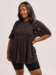 Yours Curve Brown Peplum Cotton Short Sleeve Top - Image 1 of 5