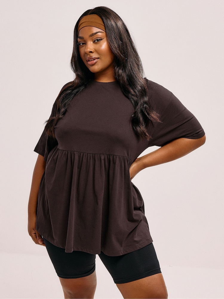 Yours Curve Brown Peplum Cotton Short Sleeve Top - Image 1 of 5