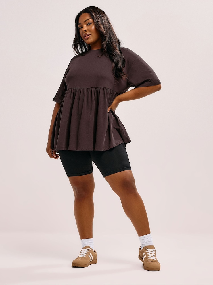 Yours Curve Brown Peplum Cotton Short Sleeve Top - Image 2 of 5