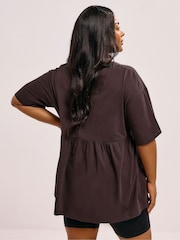 Yours Curve Brown Peplum Cotton Short Sleeve Top - Image 3 of 5