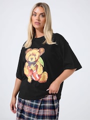 Yours Curve Black Limited Teddy Tartan T-Shirt - Image 1 of 5