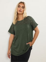 Yours Curve Green Lace Yolk Slub T-Shirt - Image 1 of 5