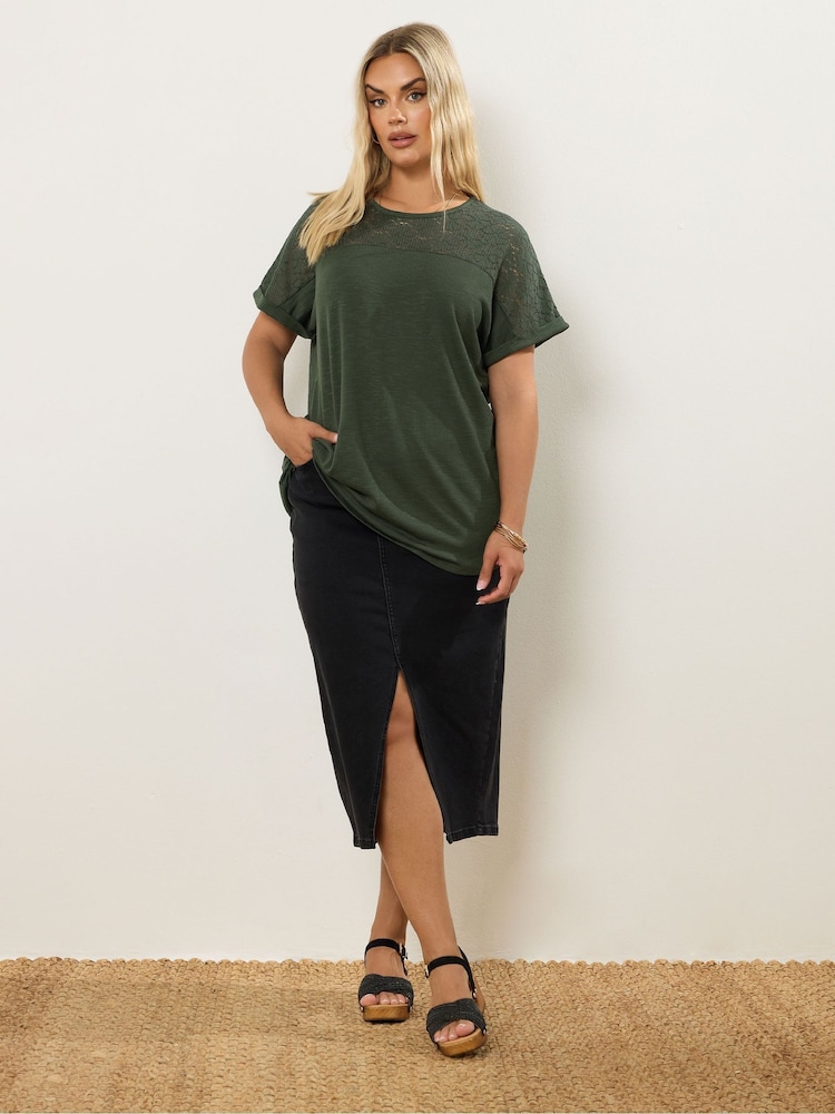 Yours Curve Green Lace Yolk Slub T-Shirt - Image 2 of 5