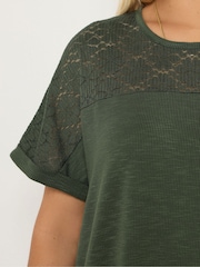 Yours Curve Green Lace Yolk Slub T-Shirt - Image 4 of 5