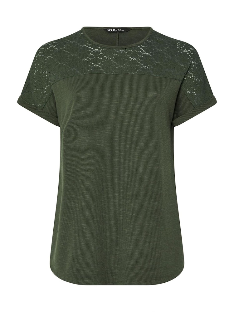 Yours Curve Green Lace Yolk Slub T-Shirt - Image 5 of 5