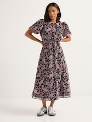PixieGirl Petite Pink Paisley Chiffon Bow Back Midi Dress - Image 1 of 5