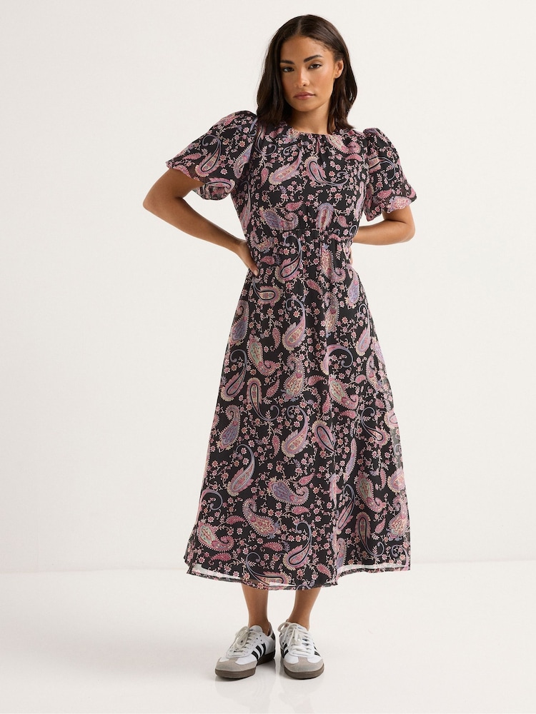 PixieGirl Petite Pink Paisley Chiffon Bow Back Midi Dress - Image 1 of 5 PixieGirl Petite Pink Paisley Chiffon Bow Back Midi Dress - Image 1 of 5