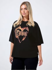 Yours Curve Black Limited Heart Fired T-Shirt - Image 1 of 5