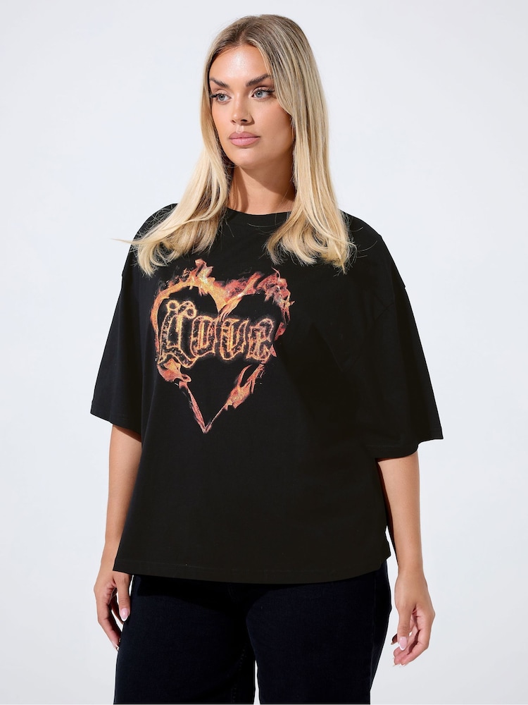Yours Curve Black Limited Heart Fired T-Shirt - Image 1 of 5