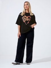 Yours Curve Black Limited Heart Fired T-Shirt - Image 2 of 5